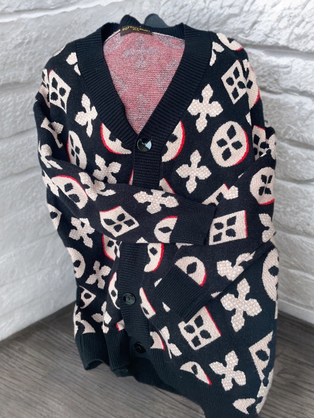 Black Cardigan with Cream and Red Accents